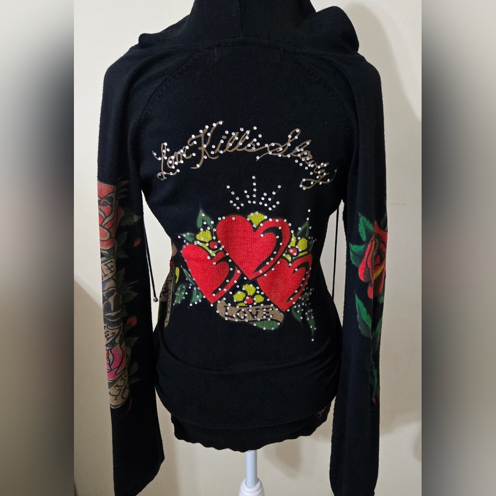 Ed Hardy Stylish Black Hoodie with Embellishments & Rhinestones